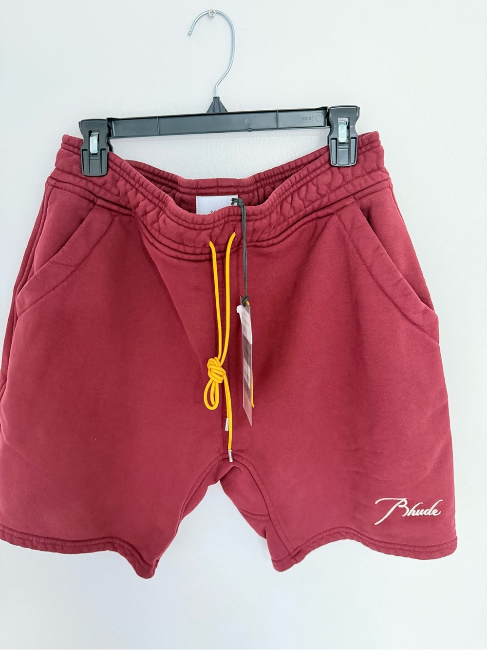 Rhude Red Athletic Shorts with Yellow Drawstring